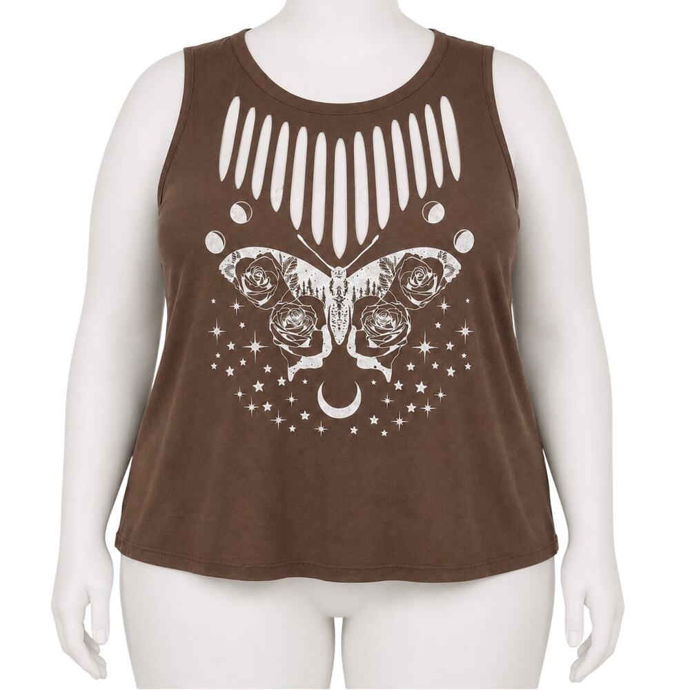 Organic Generation Tank Top Plus 1X Brown Butterfly Floral Fairy Distress Grunge
